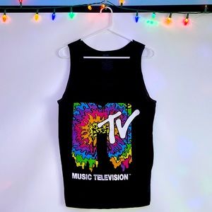 MTV tie-dye logo, black tank top.